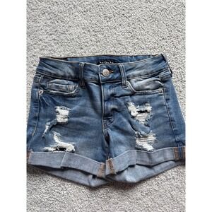 Aeropostale womens shorts size 00 distressed Medium Blue waist 24" Low rise Midi